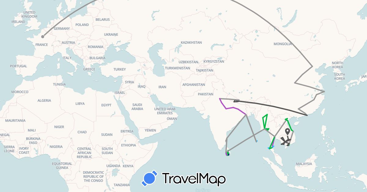 TravelMap itinerary: driving, bus, plane, train, boat, motorbike in China, France, Hong Kong, India, Cambodia, Laos, Sri Lanka, Myanmar (Burma), Nepal, Thailand, Vietnam (Asia, Europe)